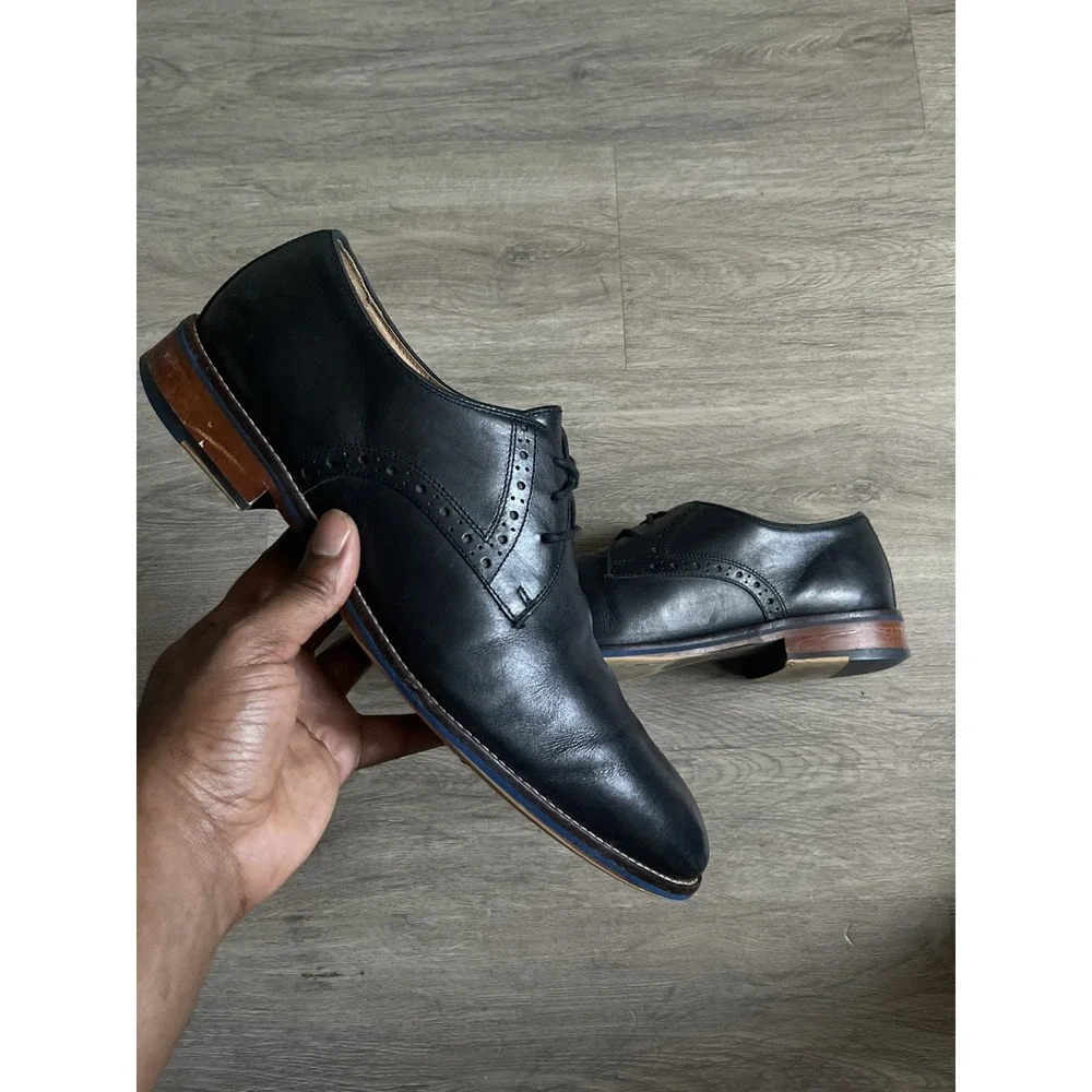 Size 11- Johnston Murphy Oxford Shoes Conrad Plain Toe Black Leather Blue Detail